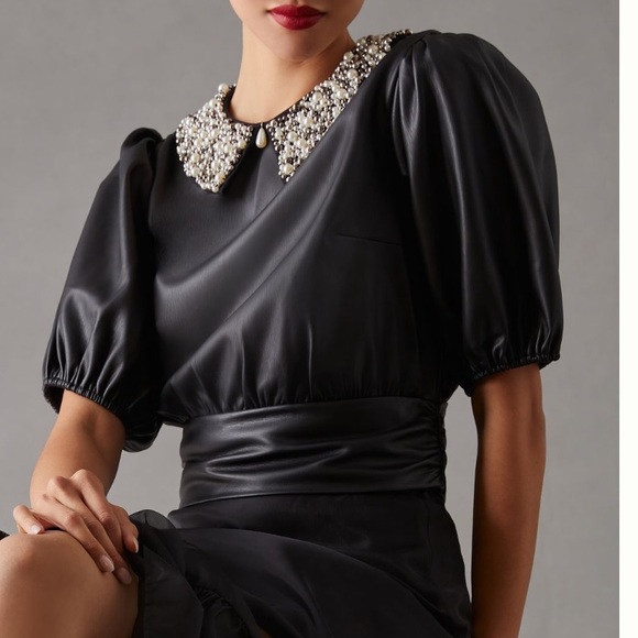 Maeve Tops - NWT Anthropologie black faux leather puff sleeve blouse